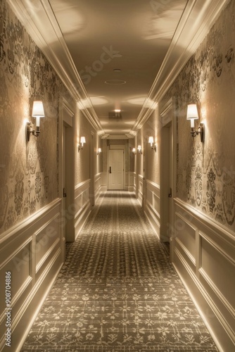 Symmetrical Hotel Corridor. A luxurious, symmetrical hallway with plush carpeting, elegant wallpaper, and evenly spaced doors. Soft lighting from wall sconces creates a warm and inviting atmosphere.