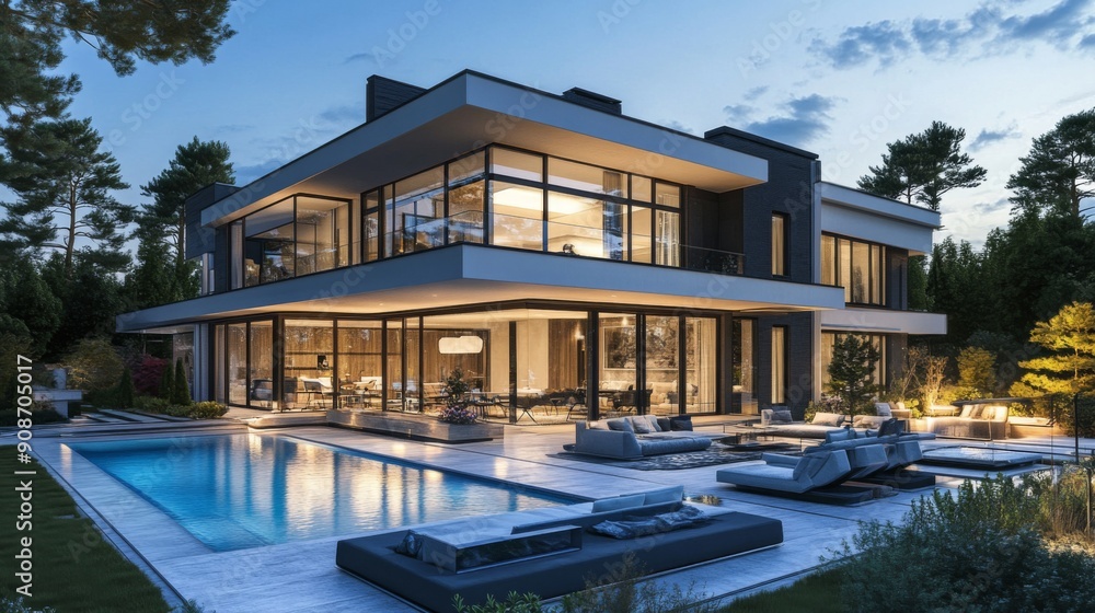 3D rendering of a chic modern house with a glass facade and sleek interior design. 3D rendering of a chic modern house with a glass facade and sleek interior design.