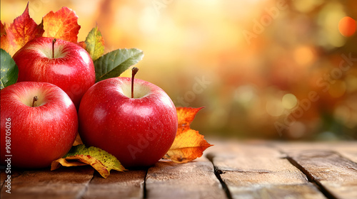 Autumn background with apples and fall leaves with copy space.