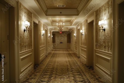 Wallpaper Mural Symmetrical Hotel Corridor. A luxurious, symmetrical hallway with plush carpeting, elegant wallpaper, and evenly spaced doors. Soft lighting from wall sconces creates a warm and inviting atmosphere. Torontodigital.ca