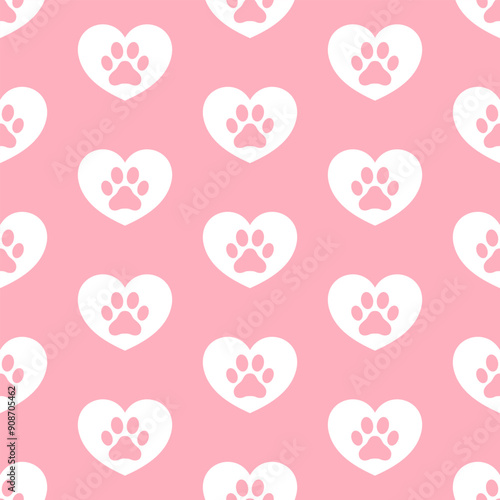 Pink cat's paws prints and white hearts.  Vector seamless pattern.