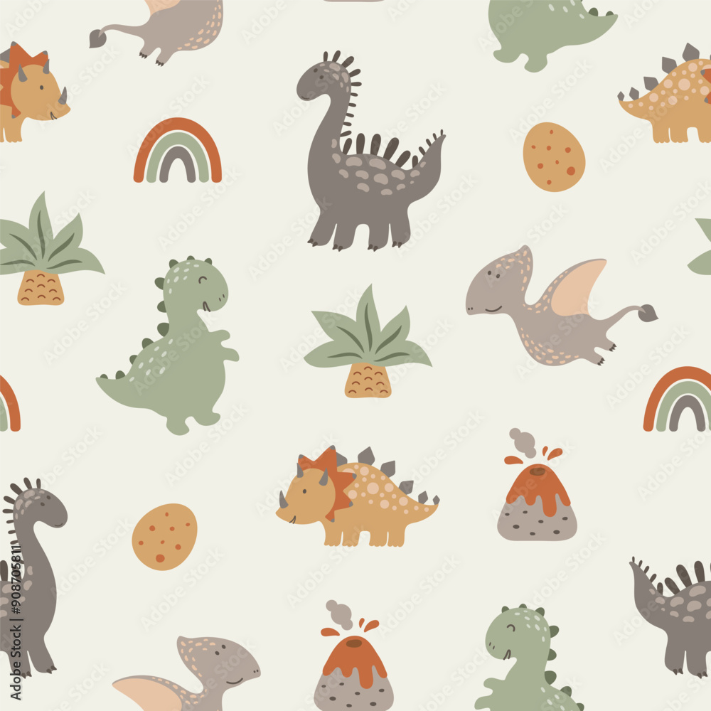 Seamless pattern with cute dinos, volkanos, palms, dino eggs and rainbows. Vector illustration. Seamless pattern with cute dinos, volkanos, palms, dino eggs and rainbows. Vector illustration.