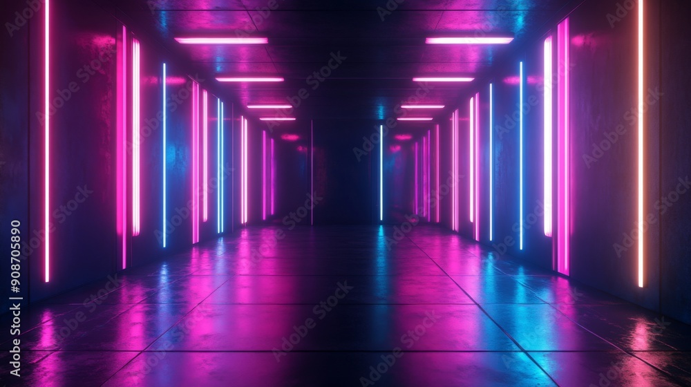 3D rendering of a dark room with neon-lit walls, creating a futuristic and vibrant ambiance. 3D rendering of a dark room with neon-lit walls, creating a futuristic and vibrant ambiance.