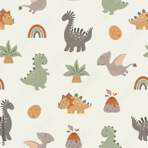 Seamless pattern with cute dinos, volkanos, palms, dino eggs and rainbows. Vector illustration. photo