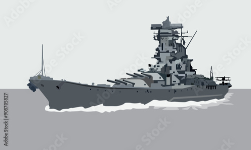 Vector illustration of a warship at sea. Side view. To design your illustrations in military style