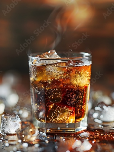 Sparkling Soda Drink with Ice in a Glass with Backlit Glow