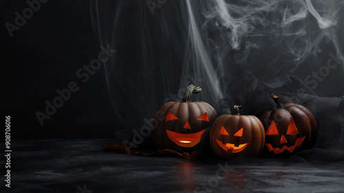 Carved Halloween pumpkins on black scary background