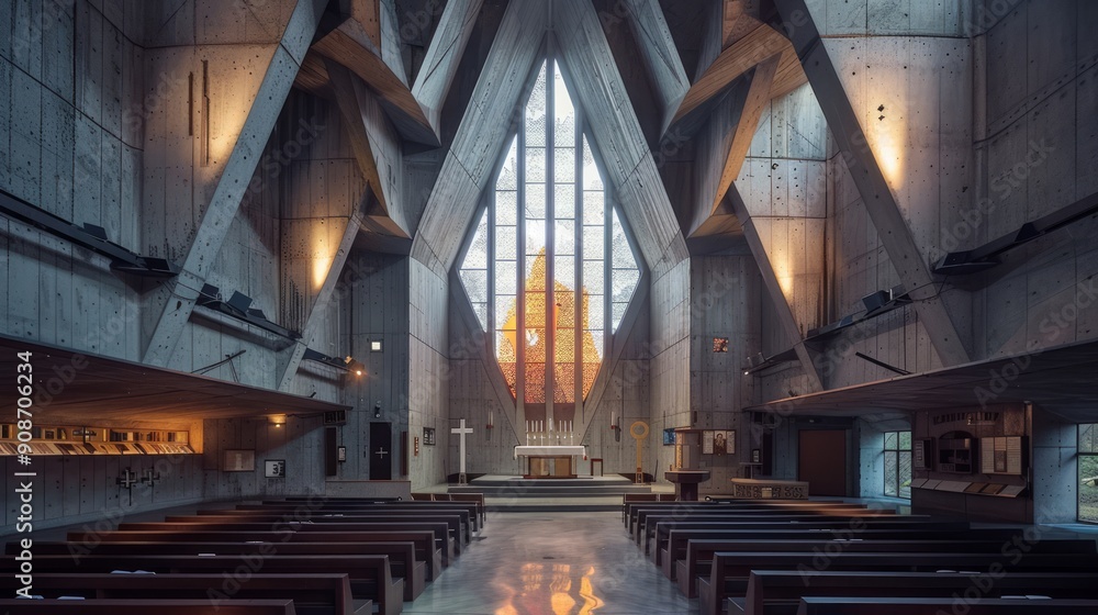 Fototapeta premium Modern Church Interior with Stained Glass
