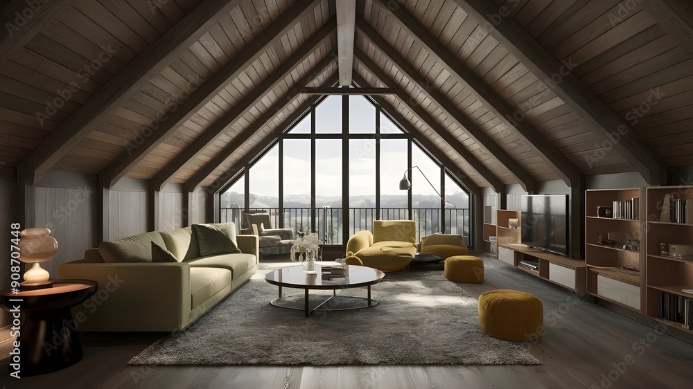 Fototapeta premium A modern luxury attic loft apartment. The open-concept living area showcases a sleek, minimalist design with floor-to-ceiling windows that provide an abundance of natural light.