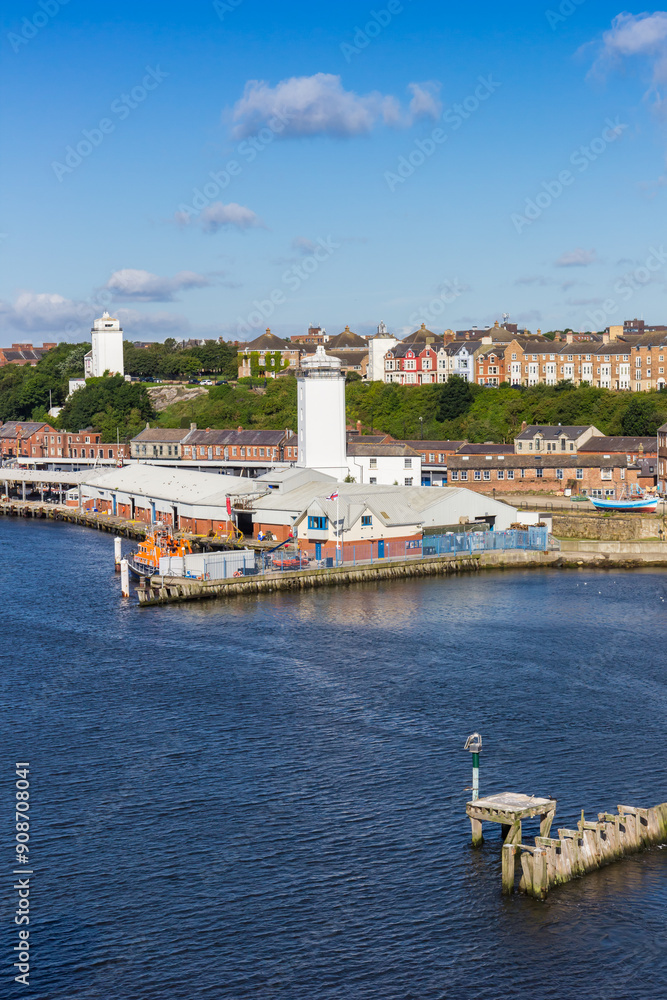 White lighthouses of North Shields in Newcastle upon Tyne, England