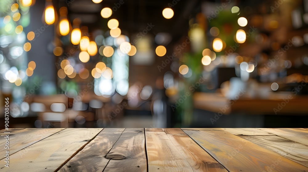 Wooden Tabletop with Blurred Cafe Background Wooden Tabletop with Blurred Cafe Background