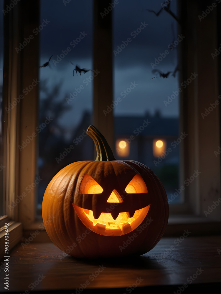 Evening , the Halloween pumpkin is on the windowsill Evening , the Halloween pumpkin is on the windowsill