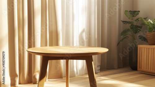 round wooden dining table with four legs stands in front of light-colored curtains, and the warm sunlight shines through them onto it. Product placement interior design mockup
