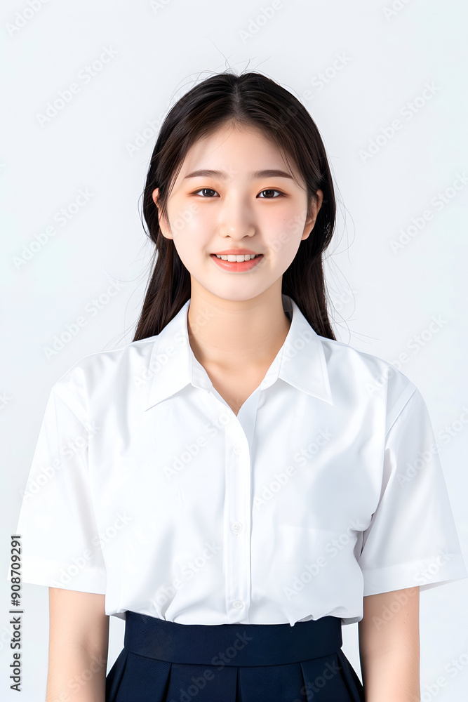 Smiling Korean High School Girl in a Clean Uniform with Long Black Hair Smiling Korean High School Girl in a Clean Uniform with Long Black Hair