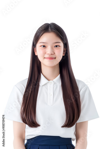 Smiling Korean High School Girl in a Clean Uniform with Long Black Hair