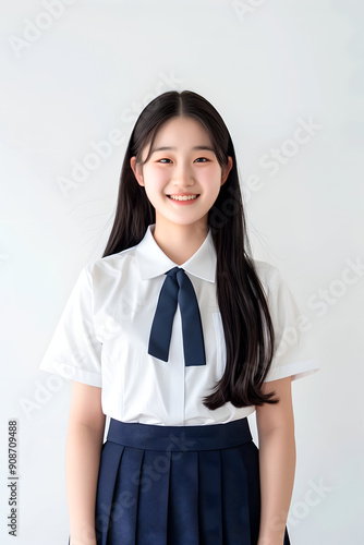Smiling Korean High School Girl in a Clean Uniform with Long Black Hair