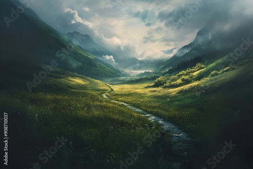 A painting of a landscape, a green valley with clouds and a river, watercolor