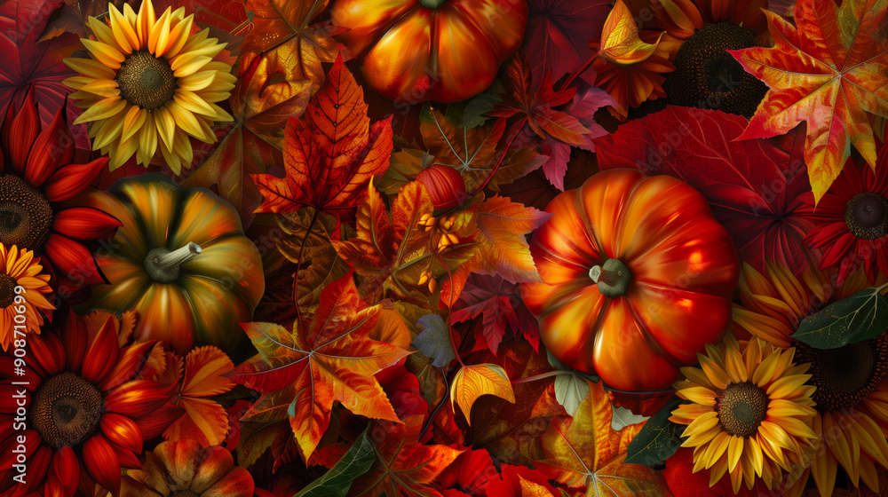Vibrant array of pumpkins, sunflowers, and autumn leaves in rich, warm colors. Concepts of autumn, harvest, and seasonal beauty. Vibrant array of pumpkins, sunflowers, and autumn leaves in rich, warm colors. Concepts of autumn, harvest, and seasonal beauty.