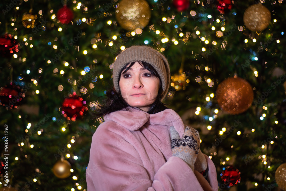 Russian 48 years old woman in pink coat standing against christmas tree and lights before New Year Russian 48 years old woman in pink coat standing against christmas tree and lights before New Year