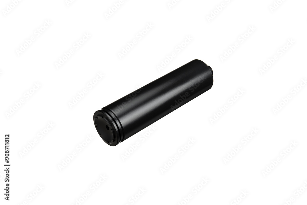 Black silencer for weapons. Suppressor that is at the end of an assault rifle. Isolate on a white back. Black silencer for weapons. Suppressor that is at the end of an assault rifle. Isolate on a white back.