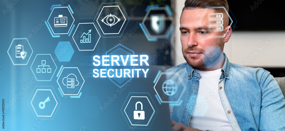 Businessman using laptop, server security hologram with different icons Businessman using laptop, server security hologram with different icons