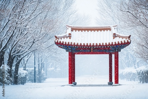Minimalist Chinese style building winter landscape.