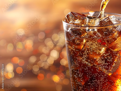 Pouring Refreshing Carbonated Soda into Glass with Icy Bubbles and Sparkling Backdrop