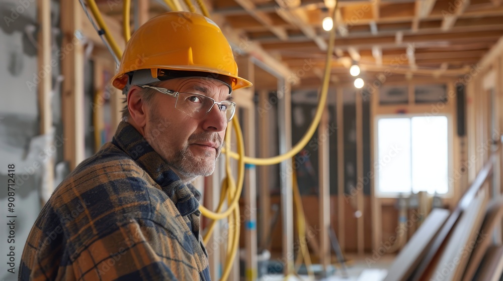 Electrician installing wiring in new home construction, focus on cables realistic scene Electrician installing wiring in new home construction, focus on cables realistic scene