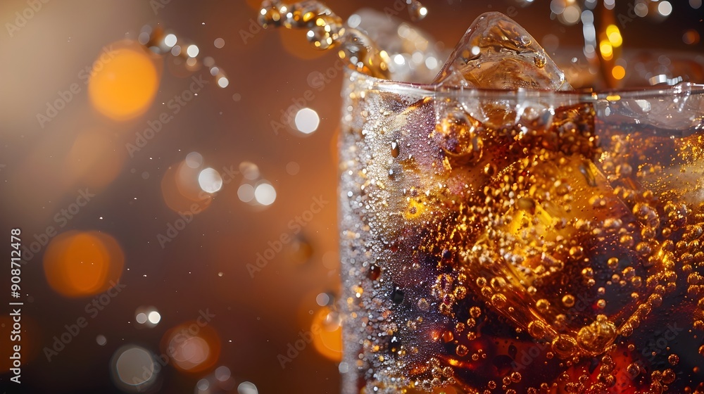 Close up of Fizzy Amber Soda Drink with Ice Cubes and Bubbles in Transparent Glass Close up of Fizzy Amber Soda Drink with Ice Cubes and Bubbles in Transparent Glass