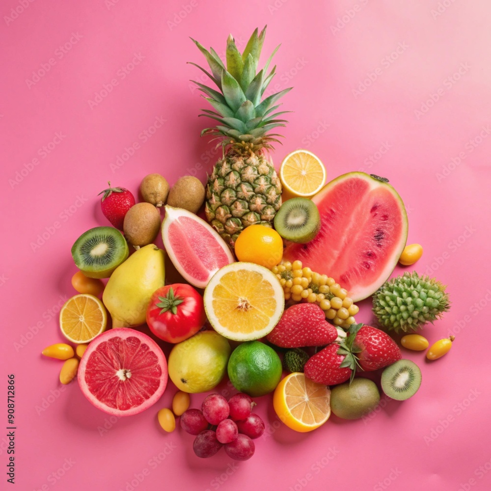 composition of fresh fruits folded on a pink-colored background composition of fresh fruits folded on a pink-colored background