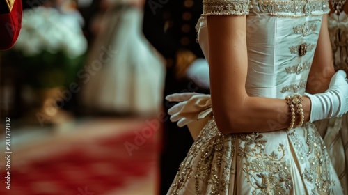 Guests dressed in extravagant gowns and suits interact during a lavish evening gathering photo