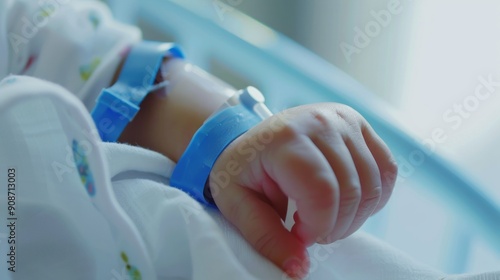 Close-up of a newborn's hand with a hospital wristband, symbolizing care, health, and new beginnings in a medical setting. photo