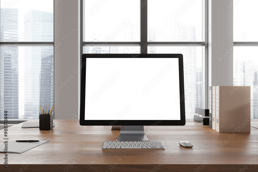 Fototapeta premium Office coworking interior with pc computer on table with mockup display, window