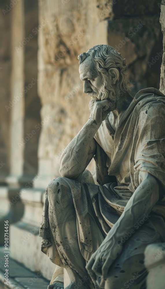 Fototapeta premium Ancient stone statue of philosopher in contemplative pose in grand arena realistic close up photo