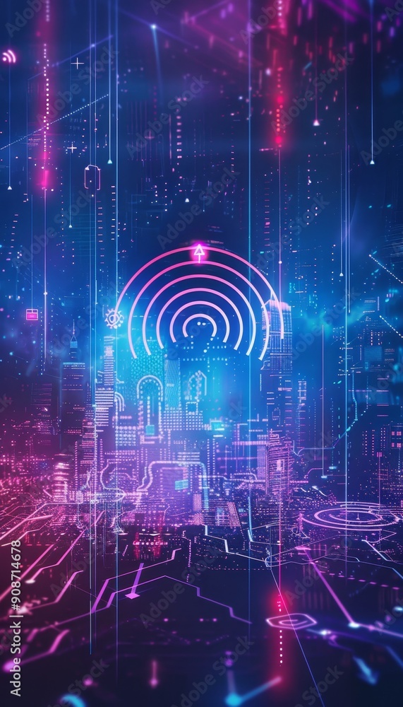 Futuristic digital landscape with abstract lights and wireless signal icon for advanced connectivity Futuristic digital landscape with abstract lights and wireless signal icon for advanced connectivity