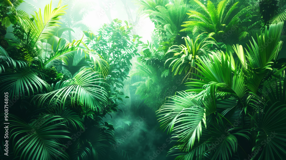 Lush Tropical Rainforest with Dense Green Foliage and Sunlight Filtering Through Canopy Lush Tropical Rainforest with Dense Green Foliage and Sunlight Filtering Through Canopy