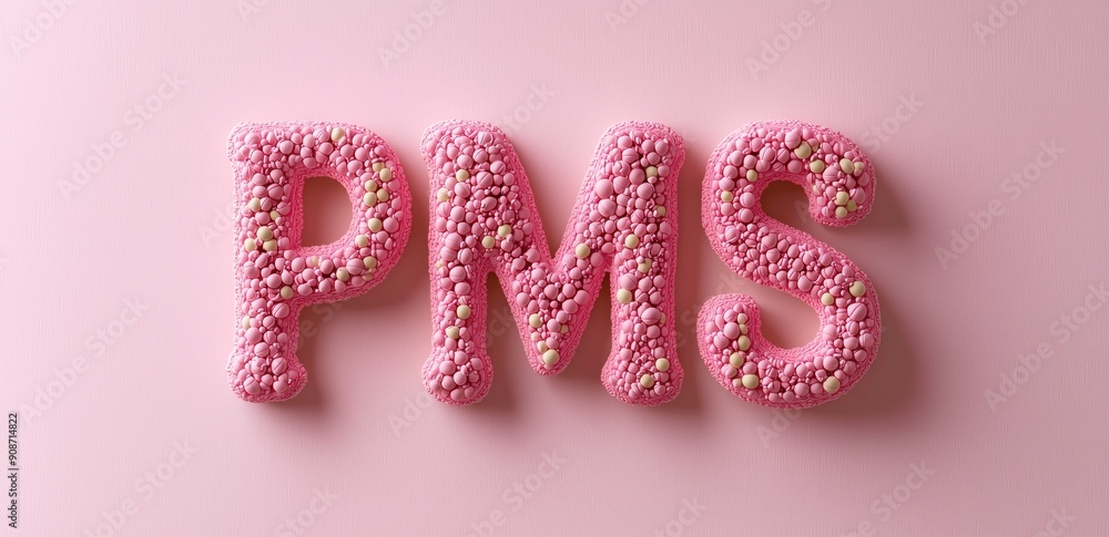 Pink letters PMS made of small beads on a pastel background. Concepts of feminine health, awareness, and sensitivity. Pink letters PMS made of small beads on a pastel background. Concepts of feminine health, awareness, and sensitivity.