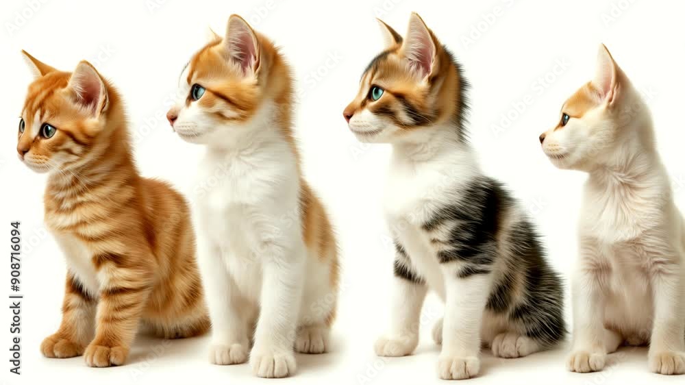 Four Adorable Kittens Looking to the Side: Cute and Playful Kittens on a White Background. Pets, Animals, Cuteness Concept. Adorable Kittens & Pet Love Four Adorable Kittens Looking to the Side: Cute and Playful Kittens on a White Background. Pets, Animals, Cuteness Concept. Adorable Kittens & Pet Love