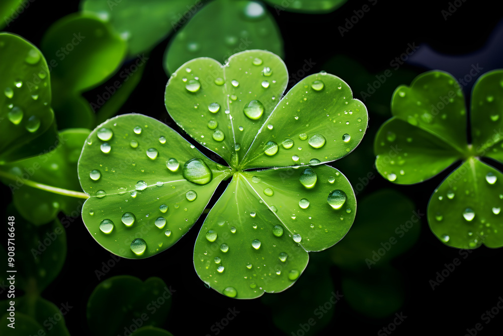 Symbol of Good Luck: Fresh Dew-kissed Four-Leaf Clover Symbol of Good Luck: Fresh Dew-kissed Four-Leaf Clover