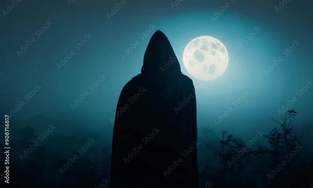 The Watcher in the Mist: A solitary figure shrouded in a cloak stands against a backdrop of a full moon and swirling mist, creating an eerie and mysterious scene. The image evokes a sense of intrigue The Watcher in the Mist: A solitary figure shrouded in a cloak stands against a backdrop of a full moon and swirling mist, creating an eerie and mysterious scene. The image evokes a sense of intrigue