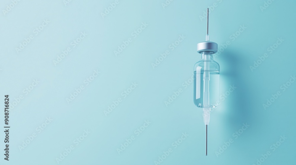 IV stand with clear fluid is ready for patient use in a light blue environment IV stand with clear fluid is ready for patient use in a light blue environment