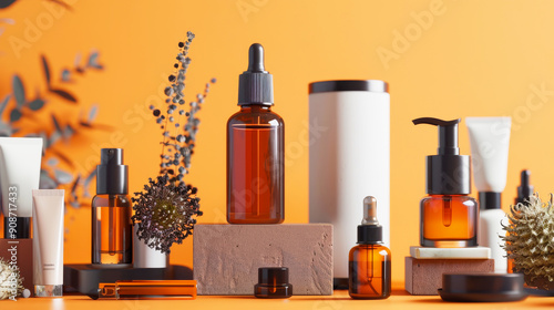 Modern Skincare and Beauty Products Displayed on Orange Background with Natural Elements photo