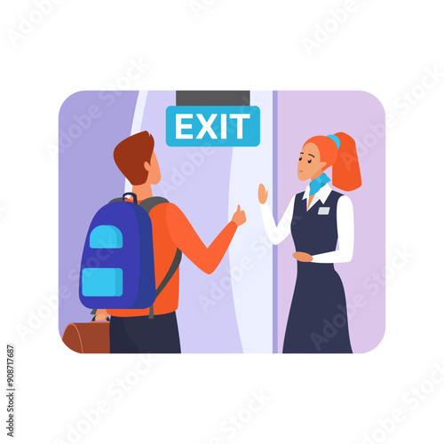 Passenger with luggage walking to exit of plane, say goodbye to flight attendant vector illustration