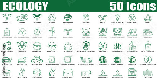 Ecology icon set. Environment, Eco friendly set of 50 icon in line style. Editable Colorful Nature icons set isolated on white background.