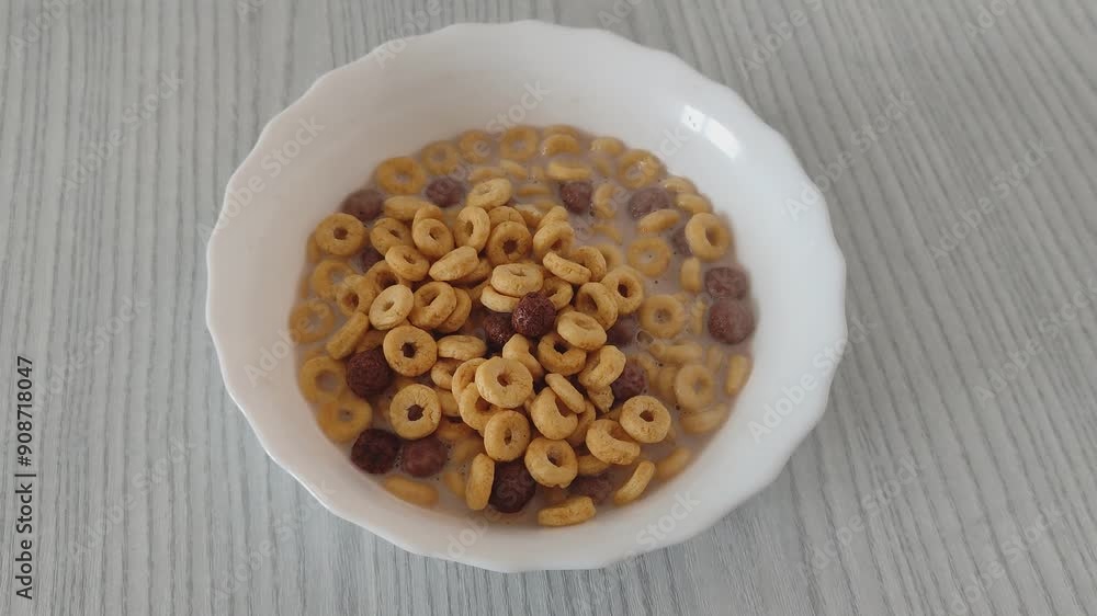 Corn flakes, rings and balls in milk, healthy breakfast Corn flakes, rings and balls in milk, healthy breakfast