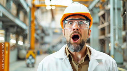 Surprised Engineer in Safety Gear Inside Modern Industrial Factory with Machinery in Background photo