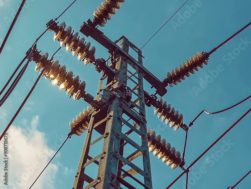 A tall power pole with many wires and lights on top