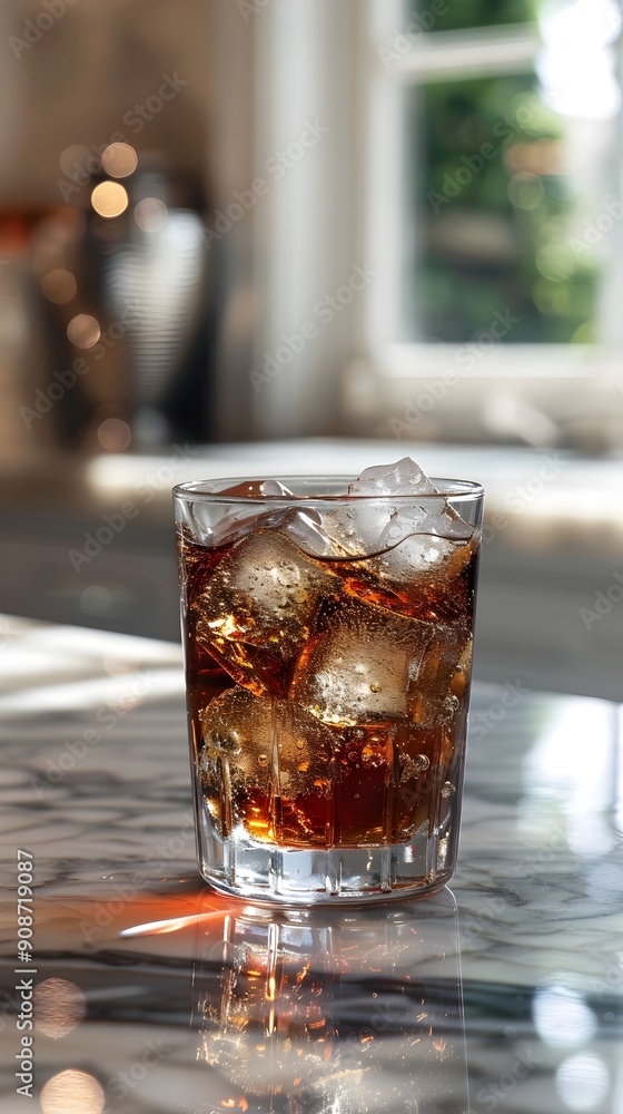 Chilled Carbonated Drink with Ice Cubes in Transparent Glass on Reflective Table Surface Chilled Carbonated Drink with Ice Cubes in Transparent Glass on Reflective Table Surface