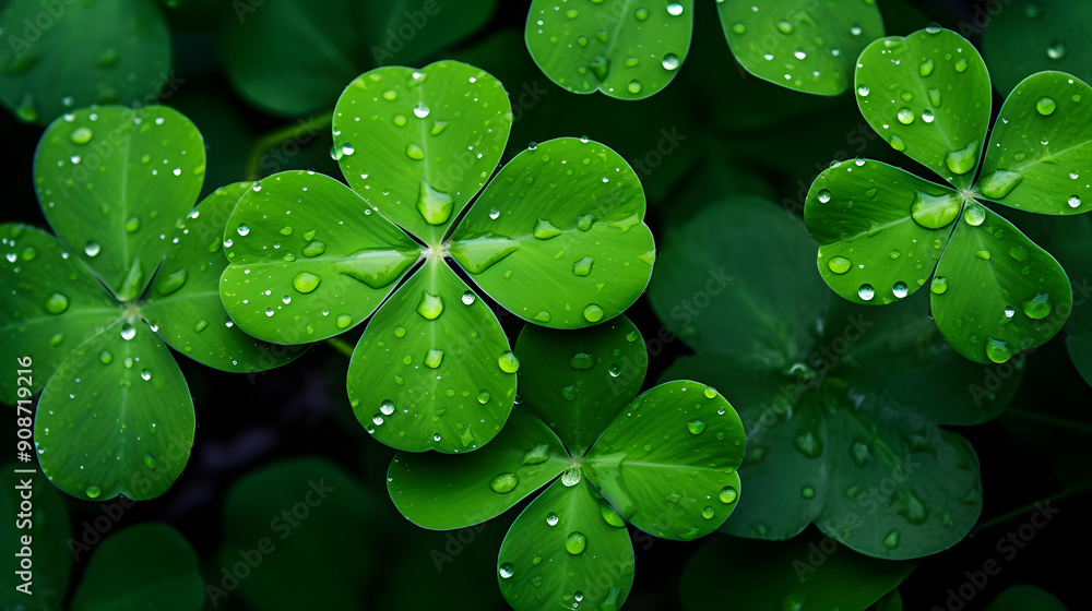 Symbol of Good Luck: Fresh Dew-kissed Four-Leaf Clover Symbol of Good Luck: Fresh Dew-kissed Four-Leaf Clover