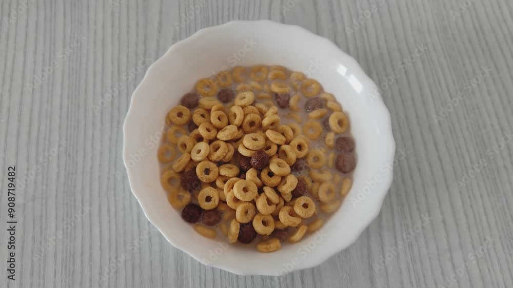 Corn flakes, rings and balls in milk, healthy breakfast Corn flakes, rings and balls in milk, healthy breakfast